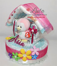 Carica l&#39;immagine nel visualizzatore di Gallery, Torta di pannolini bella utile originale idea regalo nascita battesimo baby shower femmina casa casetta peluche sconto pampers shop online italia ancona
