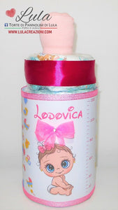 Torta di pannolini biberon bambina pampers idea regalo nascita battesimo baby shower 2021 utile originale shop online spedizioni italia ancona personalizzato