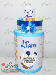 Torta di pannolini pampers biberon topolino calzini personalizzati nome idea regalo nascita battesimo baby shower maschio azzurro particolare utile shop online spedizioni italia milano torino ancona roma