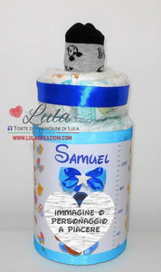 Torta di pannolini biberon calzini topolino azzurro maschio  pampers idea regalo nascita battesimo baby shower 2021 utile originale shop online spedizioni italia ancona personalizzata