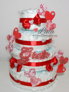 Torte di Pannolini di Lula Creazioni - igiene Sicurezza Qualità - Pampers cuori cuore personalizzabile fucsia celeste azzurra maschio femmina idea regalo gravidanza nascita battesimo baby shower neonato bella utile originale shop online spedizioni italia ancona personalizzabile