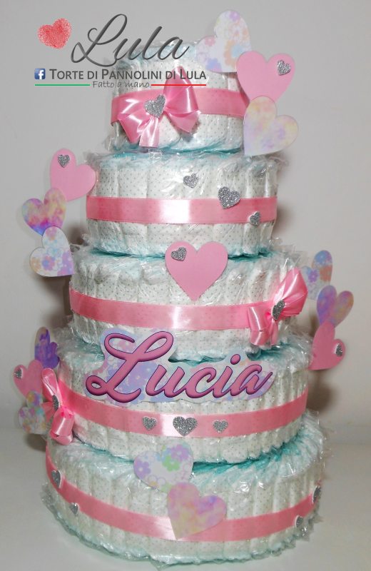 Torta di pannolini pioggia di Cuori a 5 Piani - Torte di Pannolini di LulaTorte di Pannolini di Lula Creazioni - igiene Sicurezza Qualità - Pampers cuori cuore personalizzabile fucsia celeste azzurra maschio femmina idea regalo gravidanza nascita battesimo baby shower neonato bella utile originale shop online spedizioni italia ancona personalizzabile