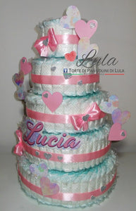 Torta di pannolini pioggia di Cuori a 5 Piani - Torte di Pannolini di LulaTorte di Pannolini di Lula Creazioni - igiene Sicurezza Qualità - Pampers cuori cuore personalizzabile fucsia celeste azzurra maschio femmina idea regalo gravidanza nascita battesimo baby shower neonato bella utile originale shop online spedizioni italia ancona personalizzabile