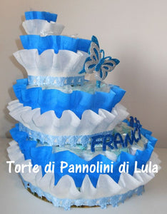 Torte di Pannolini di Lula Creazioni - igiene Sicurezza Qualità - Pampers farfalla personalizzabile fucsia celeste azzurra maschio femmina idea regalo gravidanza nascita battesimo baby shower neonato bella utile originale shop online spedizioni italia ancona personalizzabile