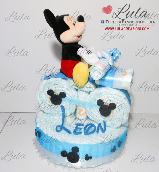 Torta di pannolini lulacreazioni pampers. idea regalo nascita battesimo baby shower shop online spedizioni italia. moto grande peluche topolino