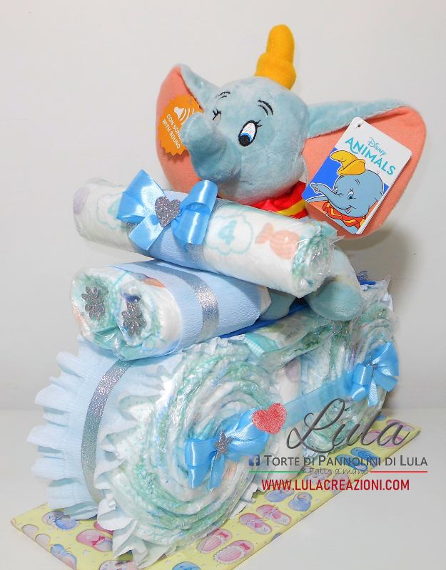 Torta di pannolini moto dumbo peluche pampers idea regalo nascita battesimo baby shower 2021 utile originale shop online spedizioni italia ancona personalizzata