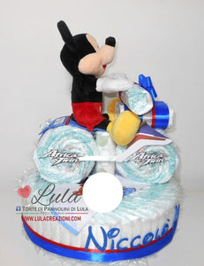 Torta di pannolini pampers lula creazioni moto bicicletta peluche topolino azzurro maschio bimbo bambino idea regalo nascita battesimo baby shower utile originale particolare shop online spedizioni italia ancona roma milano torino