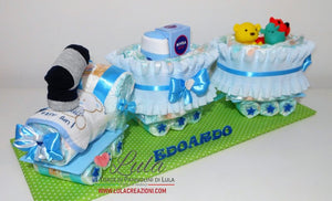 Torta di pannolini di Lula Creazioni treno trenino peluche Minnie Topolino Pampers personalizzabile fucsia celeste azzurra maschio femmina rosa verde idea regalo gravidanza nascita battesimo baby shower neonato bella utile originale shop online spedizioni italia ancona personalizzabile