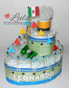 Torte di Pannolini di Lula Creazioni -  Barca nave estate mare idea regalo nascita battesimo baby shower originale maschio verde azzurro gravidanza pampers utile bella originale bavaglino shop online spedizioni italia ancona