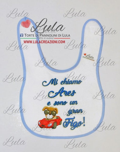 Torte di Pannolini di Lula Creazioni - Bavaglino personalizzato nome dedica Lula Creazioni sono figo idea regalo nascita battesimo complenno baby shower natale personalizzato nome maschio azzurro bimbo