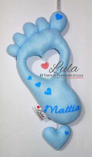 Torte di Pannolini di Lula Creazioni - Carillon personalizzabile nome dedica- hand made - Piede impronta neonato maschio azzurro celeste