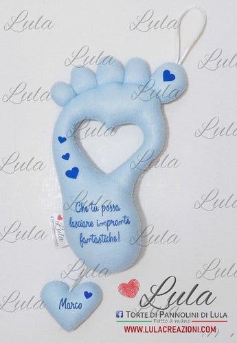 Torte di Pannolini di Lula Creazioni - Carillon personalizzabile nome dedica- hand made - Piede impronta neonato maschio azzurro celeste blu