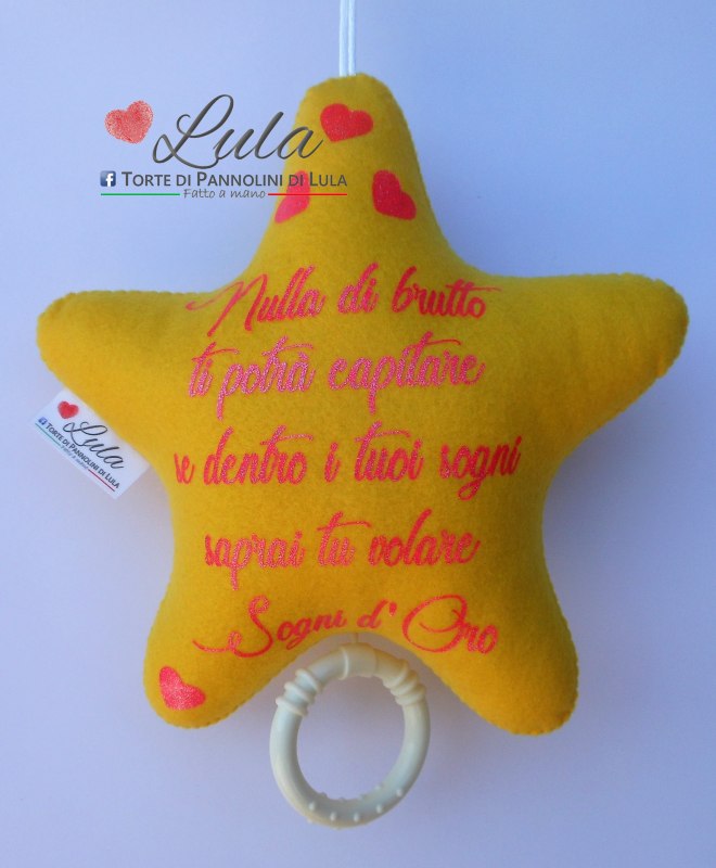 Torte di Pannolini di Lula Creazioni - Carillon personalizzabile nome dedica- hand made - Stella femmina giallo rosa fiocco