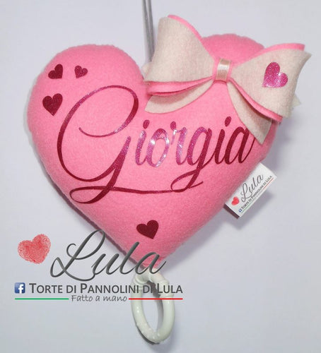 Torte di Pannolini di Lula Creazioni - Carillon personalizzabile nome dedica- hand made - cuore fiocco rosa fucsia femmina