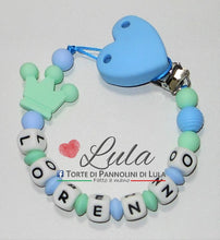 Carica l&#39;immagine nel visualizzatore di Gallery, Torte di Pannolini di Lula Creazioni - Catenella portaciuccio silicone personalizzata nome cuore corona azzurro verde idea regalo gravidanza nascita battesimo baby shower neonato bella utile originale shop online spedizioni italia ancona
