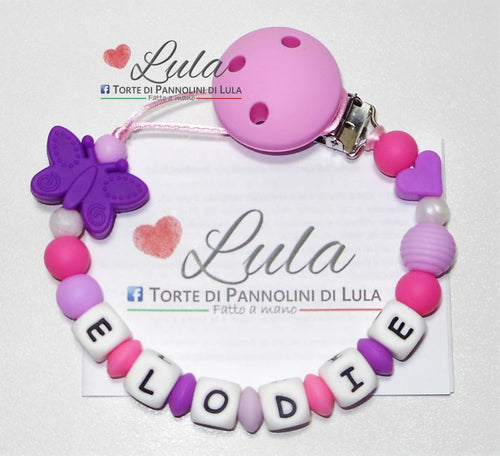 Torte di Pannolini di Lula Creazioni - Catenella portaciuccio silicone personalizzata nome farfalla rosa viola lilla femmina
