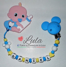 Carica l&#39;immagine nel visualizzatore di Gallery, Torte di Pannolini di Lula Creazioni - Catenella portaciuccio silicone personalizzata nome topolino bebè azzurro giallo gravidanza neonato bella shop online spedizioni italia ancona
