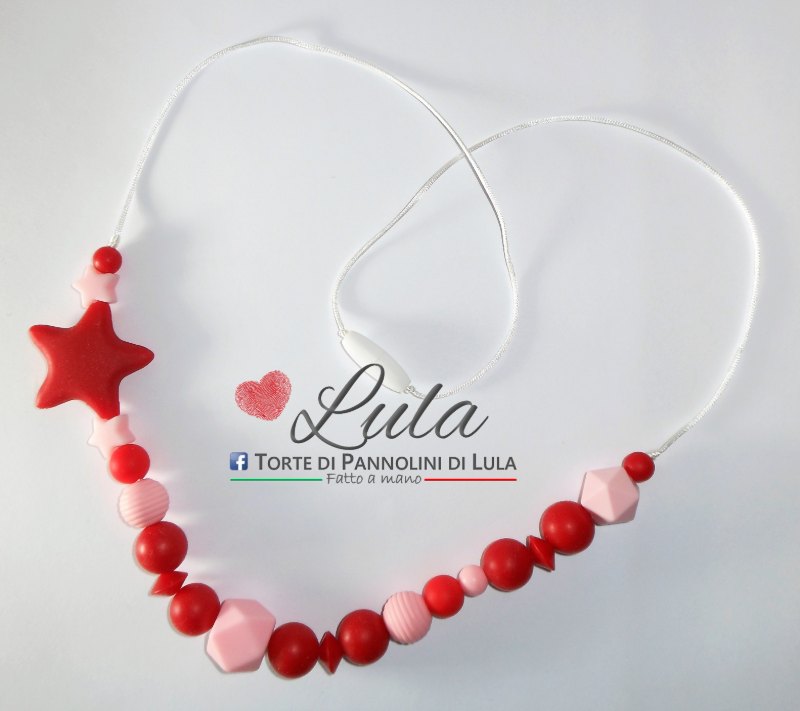 Torte di Pannolini di Lula Creazioni - Collana allattamento massaggiagengive dentizione silicone stella rosa rosso