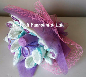 Torte di Pannolini di Lula Creazioni -  Fiori Bouquet idea regalo nascita battesimo baby shower femmina rosa lilla gravidanza pampers utile bella originale bavaglino shop online spedizioni italia ancona