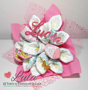 Torte di Pannolini di Lula Creazioni - Fiori Bouquet idea regalo nascita battesimo baby shower femmina rosa gravidanza pampers utile bella originale bavaglino shop online spedizioni italia ancona