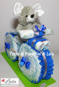 Torte di Pannolini di Lula Creazioni - MOTO grande + Peluche - azzurro maschio Torte di pannolini di Lula Creazioni Moto peluche Minnie Topolino Pampers personalizzabile fucsia celeste azzurra maschio femmina rosa idea regalo gravidanza nascita battesimo baby shower neonato bella utile originale shop online spedizioni italia ancona