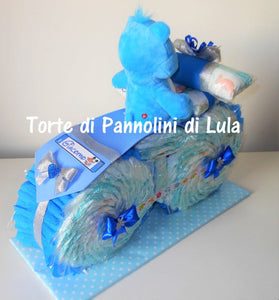 Torte di Pannolini di Lula Creazioni - MOTO grande + Peluche - azzurro maschio Torte di pannolini di Lula Creazioni Moto peluche Minnie Topolino Pampers personalizzabile fucsia celeste azzurra maschio femmina rosa idea regalo gravidanza nascita battesimo baby shower neonato bella utile originale shop online spedizioni italia ancona