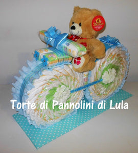 Torte di Pannolini di Lula Creazioni - MOTO grande + Peluche - azzurro maschioTorte di pannolini di Lula Creazioni Moto peluche Minnie Topolino Pampers personalizzabile fucsia celeste azzurra maschio femmina rosa idea regalo gravidanza nascita battesimo baby shower neonato bella utile originale shop online spedizioni italia ancona