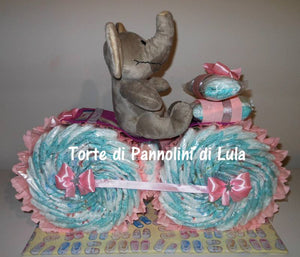 Torte di Pannolini di Lula Creazioni - MOTO grande + Peluche - rosa femmina Torte di pannolini di Lula Creazioni Moto peluche Minnie Topolino Pampers personalizzabile fucsia celeste azzurra maschio femmina rosa idea regalo gravidanza nascita battesimo baby shower neonato bella utile originale shop online spedizioni italia ancona