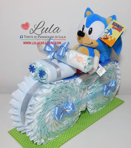 Torte di Pannolini di Lula Creazioni - MOTO grande + Sonic maschio azzurro shop online italia ancona spedizioni Pampers idea regalo nascita battesimo baby shower
