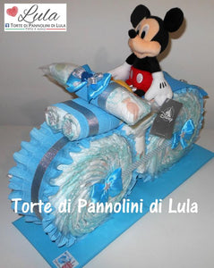 Torte di Pannolini di Lula Creazioni - MOTO grande + Topolino - azzurro maschio Torte di pannolini di Lula Creazioni Moto peluche Minnie Topolino Pampers personalizzabile fucsia celeste azzurra maschio femmina rosa idea regalo gravidanza nascita battesimo baby shower neonato bella utile originale shop online spedizioni italia ancona