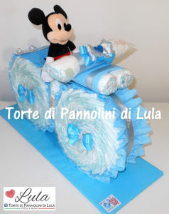 Torte di Pannolini di Lula Creazioni - MOTO grande + Topolino - azzurro maschio Torte di pannolini di Lula Creazioni Moto peluche Minnie Topolino Pampers personalizzabile fucsia celeste azzurra maschio femmina rosa idea regalo gravidanza nascita battesimo baby shower neonato bella utile originale shop online spedizioni italia ancona