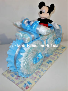 Torte di Pannolini di Lula Creazioni - MOTO grande + Topolino - azzurro maschio Torte di pannolini di Lula Creazioni Moto peluche Minnie Topolino Pampers personalizzabile fucsia celeste azzurra maschio femmina rosa idea regalo gravidanza nascita battesimo baby shower neonato bella utile originale shop online spedizioni italia ancona