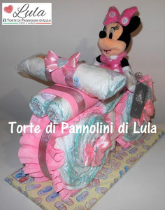 Torte di Pannolini di Lula Creazioni - MOTO piccola + Minnie - rosa femmina Torte di pannolini di Lula Creazioni Moto peluche Minnie Topolino Pampers personalizzabile fucsia celeste azzurra maschio femmina rosa idea regalo gravidanza nascita battesimo baby shower neonato bella utile originale shop online spedizioni italia ancona