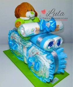 Torte di Pannolini di Lula Creazioni - MOTO piccola + Peluche - azzurro maschio Torte di pannolini di Lula Creazioni Moto peluche Minnie Topolino Pampers personalizzabile fucsia celeste azzurra maschio femmina rosa idea regalo gravidanza nascita battesimo baby shower neonato bella utile originale shop online spedizioni italia ancona