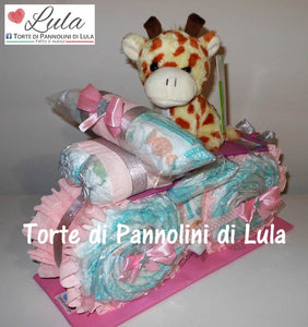 Torte di Pannolini di Lula Creazioni - MOTO piccola + Peluche - rosa femmina Torte di pannolini di Lula Creazioni Moto peluche Minnie Topolino Pampers personalizzabile fucsia celeste azzurra maschio femmina rosa idea regalo gravidanza nascita battesimo baby shower neonato bella utile originale shop online spedizioni italia ancona