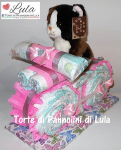 Torte di Pannolini di Lula Creazioni - MOTO piccola + Peluche - rosa femmina vTorte di pannolini di Lula Creazioni Moto peluche Minnie Topolino Pampers personalizzabile fucsia celeste azzurra maschio femmina rosa idea regalo gravidanza nascita battesimo baby shower neonato bella utile originale shop online spedizioni italia ancona