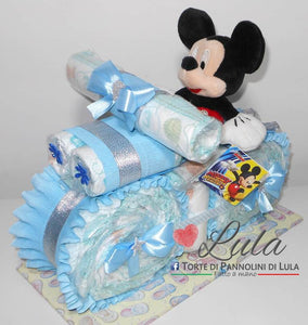 Torte di Pannolini di Lula Creazioni - MOTO piccola + Topolino - azzurro maschio Torte di pannolini di Lula Creazioni Moto peluche Minnie Topolino Pampers personalizzabile fucsia celeste azzurra maschio femmina rosa idea regalo gravidanza nascita battesimo baby shower neonato bella utile originale shop online spedizioni italia ancona