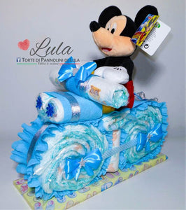 Torte di Pannolini di Lula Creazioni - MOTO piccola + Topolino - azzurro maschio Torte di pannolini di Lula Creazioni Moto peluche Minnie Topolino Pampers personalizzabile fucsia celeste azzurra maschio femmina rosa idea regalo gravidanza nascita battesimo baby shower neonato bella utile originale shop online spedizioni italia ancona