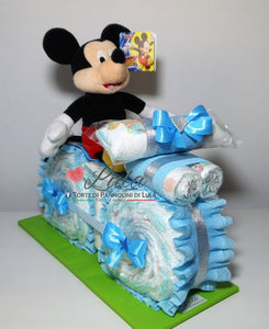 Torte di Pannolini di Lula Creazioni - MOTO piccola + Topolino - azzurro maschio Torte di pannolini di Lula Creazioni Moto peluche Minnie Topolino Pampers personalizzabile fucsia celeste azzurra maschio femmina rosa idea regalo gravidanza nascita battesimo baby shower neonato bella utile originale shop online spedizioni italia ancona