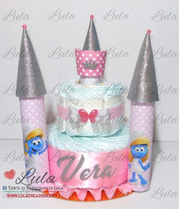 Torte di Pannolini di Lula Creazioni - Torta di Pannolini CASTELLO Elegant - Lula Creazioni - rosa femmina baby Minnie Paperina