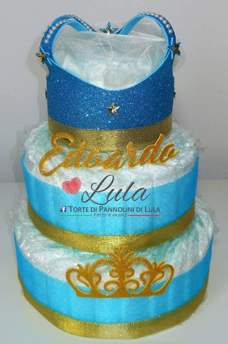 Torte di Pannolini di Lula Creazioni - corona re regina principe principessa maschio azzurro celeste blu oro