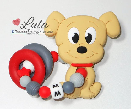 Torte di Pannolini di Lula Creazioni - gioco dentizione silicone con iniziale - maschio cane cagnolino cucciolo