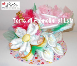 Torte di Pannolini di Lula Creazioni - mix di Fiori Pampers rosa margherita idea regalo nascita battesimo baby shower femmina gravidanza pampers utile bella originale bavaglino shop online spedizioni italia ancona