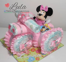 Carica l&#39;immagine nel visualizzatore di Gallery, Torte di pannolini Lula Creazioni - Triciclo Pampers Minnie rosa femmina regalo nascita battesimo festa futura mamma gravidanza neonato bella shop online spedizioni italia ancona
