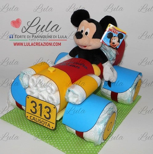 Torta di pannolini Lula Creazioni Auto macchina Paperino peluche Topolino  Pampers idea regalo nascita battesimo babyshower maschio bello utile originale particolare spedizioni italia ancona milano