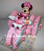 Carica l&#39;immagine nel visualizzatore di Gallery, Torte di pannolini Lula Creazioni - Triciclo Pampers Minnie rosa femmina regalo nascita battesimo festa futura mamma gravidanza neonato bella shop online spedizioni italia ancona
