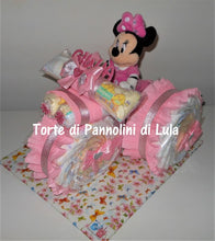 Carica l&#39;immagine nel visualizzatore di Gallery, Torte di pannolini Lula Creazioni - Triciclo Pampers Minnie rosa femmina regalo nascita battesimo festa futura mamma gravidanza neonato bella shop online spedizioni italia ancona
