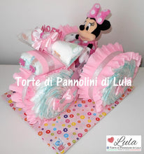 Carica l&#39;immagine nel visualizzatore di Gallery, Torte di pannolini Lula Creazioni - Triciclo Pampers Minnie rosa femmina regalo nascita battesimo festa futura mamma gravidanza neonato bella shop online spedizioni italia ancona
