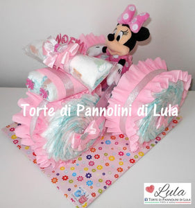 Torte di pannolini Lula Creazioni - Triciclo Pampers Minnie rosa femmina regalo nascita battesimo festa futura mamma gravidanza neonato bella shop online spedizioni italia ancona