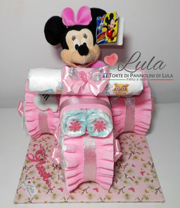 Torte di pannolini Lula Creazioni - Triciclo Pampers Minnie rosa femmina regalo nascita battesimo festa futura mamma gravidanza neonato bella shop online spedizioni italia ancona